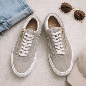Vans Old Skool Zip Suede Sneakers Taupe Gray Gold Zipper Women’s 8.5